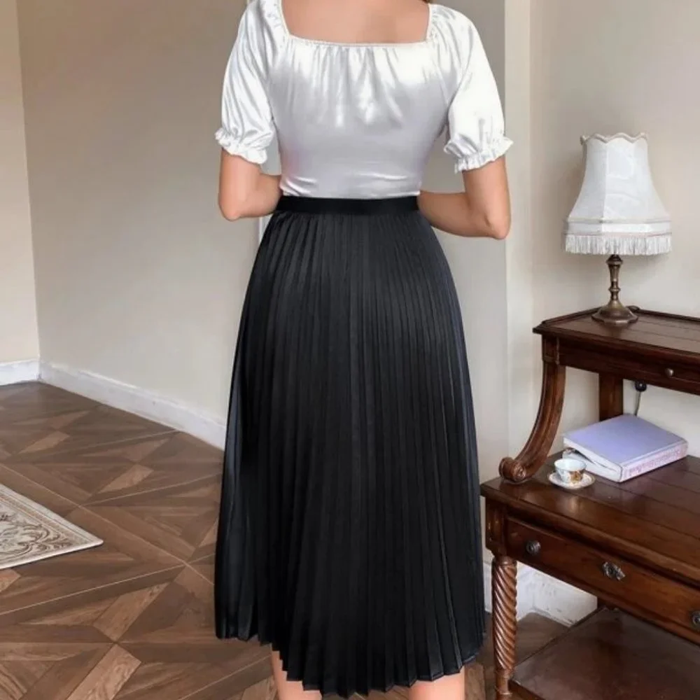 black Pleated Satin  Midi Skirt Evening classy chic - Picture 4 of 6